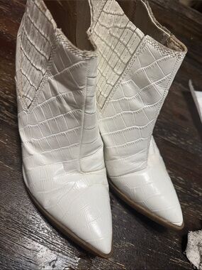 Marc Fisher White Croc-Embossed Pointed Ankle Booties